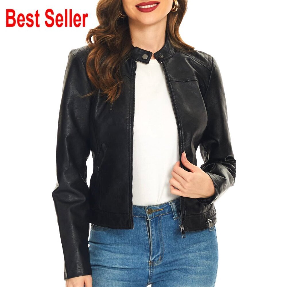 Faux Leather Motorcycle Jacket Size M Slim Fit Zip Up Stand Collar